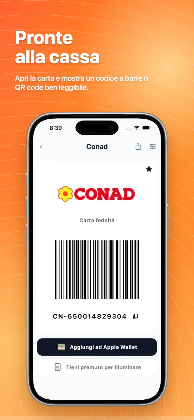 Carte Fedeltà Wallet: Mostra codici puliti pronti da scansionare